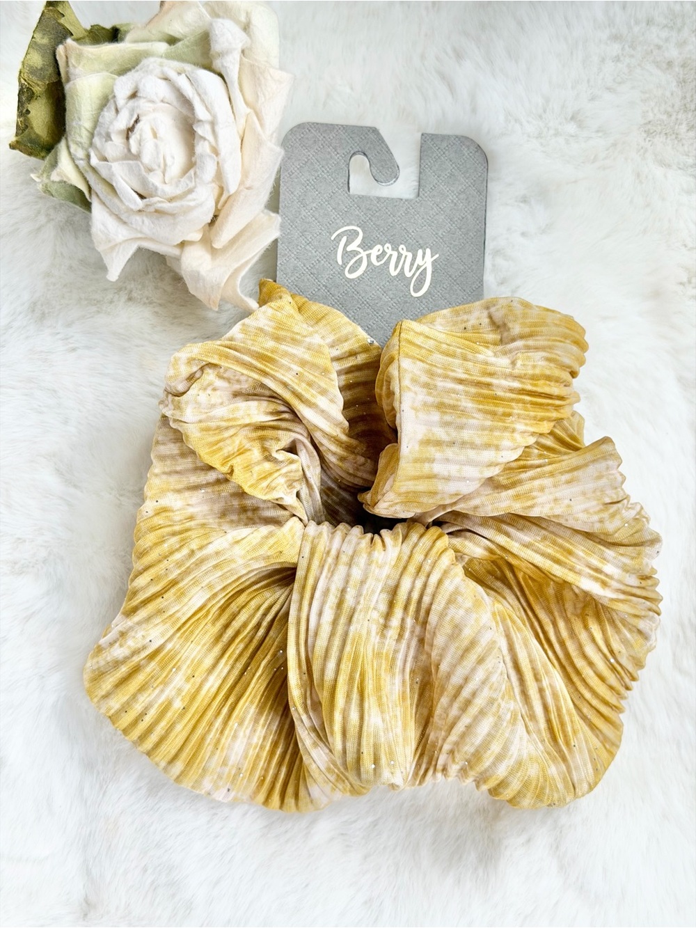 Berry Oversized Pleated Scrunchie in Mustard/green Yellow w/sparkles throughout